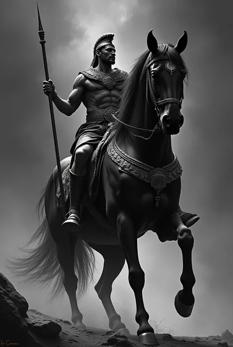 Create a black image of a horse, this horse is big and fearsome ,  its chest is adorned with a shell ,  on top of the horse there is a rider with a javelin an ancient Greek warrior