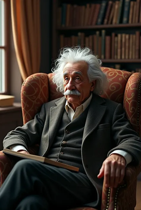 Realistic image of Albert Einstein in a thoughtful armchair and behind a bookcase 