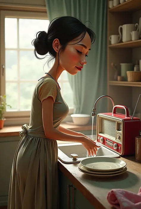 Caricature 4D. 30-year-old indonesian mom wears long dress covered washing dishes.  there is a radio on the dining table . realistic focus 