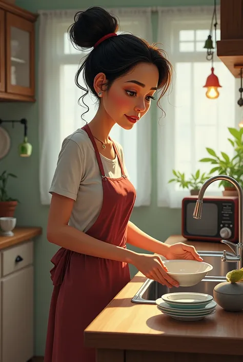 Caricature 4D. 30-year-old indonesian mom wears long dress covered washing dishes. wearing a hair roll there is a radio on the dining table. realistic focus 