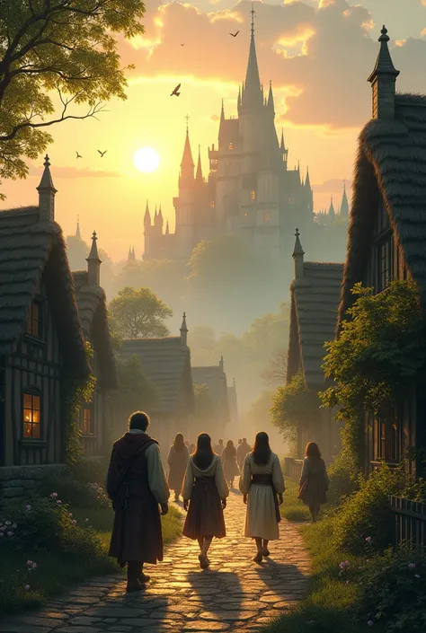 1: A bright, peaceful morning with the sun rising over a small village. The villagers gather in groups, walking cautiously toward the mansion in the distance.