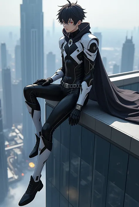 25-year-old anime boy wearing a high-collared black tight bodysuit with white accents, white gloves, white boots, and a white cape, white armored paddings on his torso, armored arm guards, and armored shoulder guards, sitting at the edge of a skyscraper