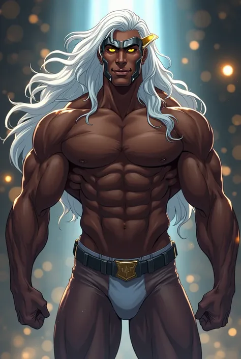 black man ,  super hypermega muscular  ,  as if he were the god of muscles , long white hair,  seductive smile helmet,  golden eyes , shirtless , Curve V  , boxer briefs , transparent pants, anime style BL  