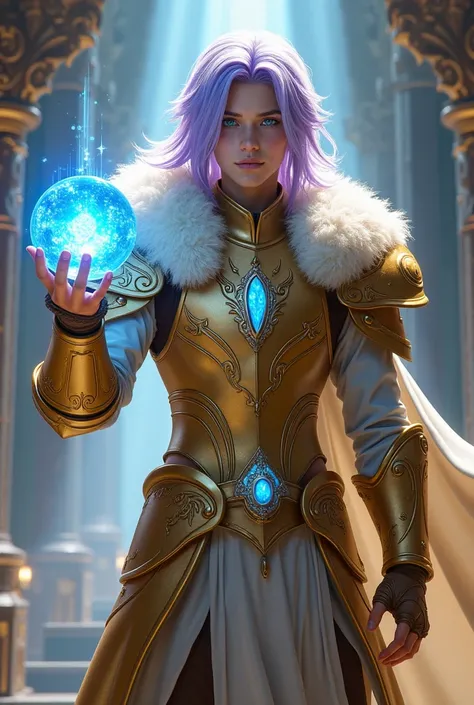 Create final fantasy style: a handsome young man with long straight lilac hair with blue eyes wearing beautiful shimmering golden sheepskin armor with blue details with a colored prismatic energy sphere in his hand in a divine temple