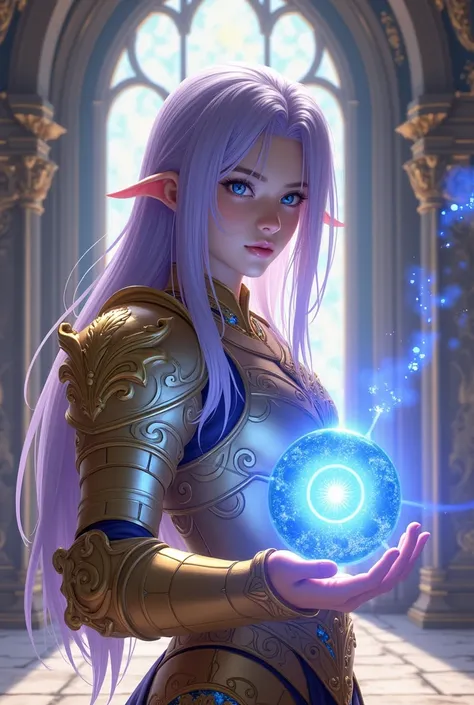 Create final fantasy style a handsome young man with long straight lilac hair with blue eyes wearing beautiful shimmering gold goat armor with blue details with a colored prismatic energy sphere in his hand in a divine temple