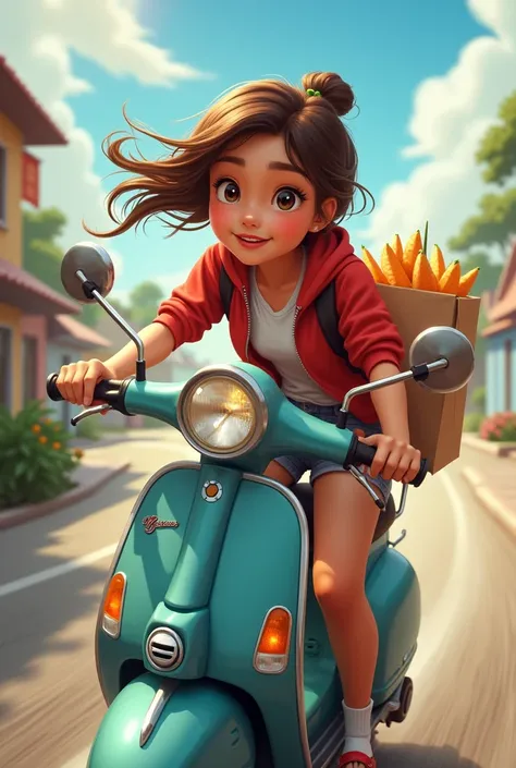 Beautiful young girl delivering groceries on her scooter, going at a high rate of speed, determination on her face, joy, action, cinematic, ultra high detail,style scenic