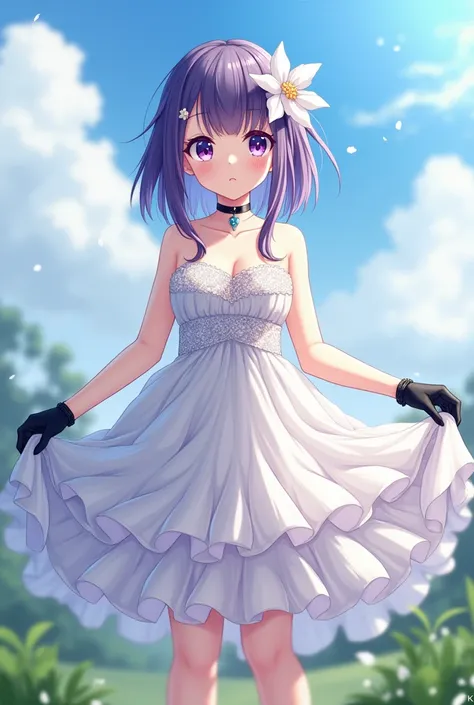 masterpiece, best quality, extremely detailed 8K wallpaper, 1girl, outdoors, strapless dress, dress, layered dress,white flower, hair ornament, purple eyes, (choker), outline, (black gloves), bare legs,