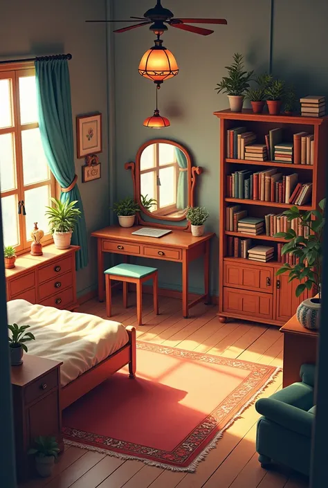 A room with a bed, a dresser and a hair dresser and a bookcase. 