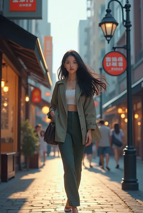 Image for a YouTube video of a woman walking on the street looking around, full body, asian, black hair,