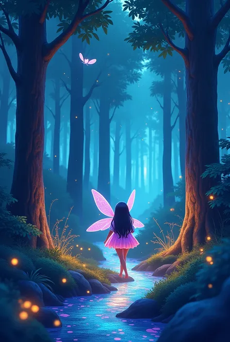 A magical, glowing forest with tall, luminous trees, a glittering stream, and tiny fireflies lighting the path. Luna flies ahead, lighting the way, with Lila walking behind her, looking in awe.

Cartoon image 