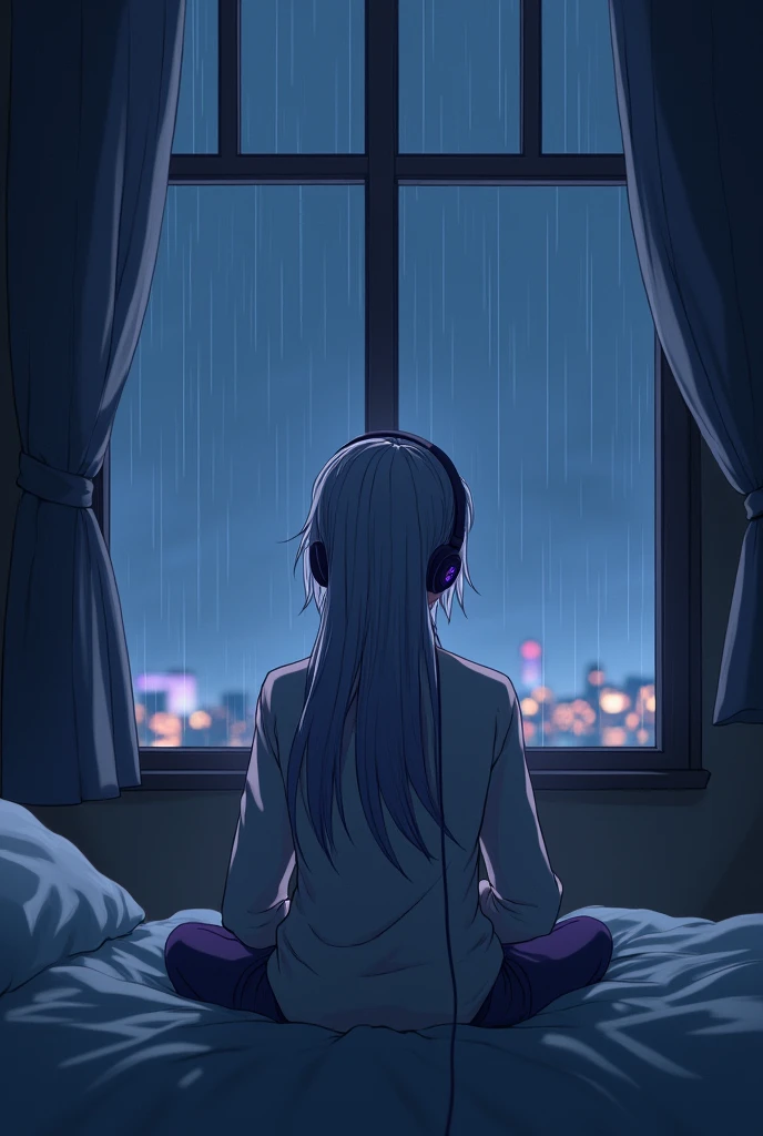 Anime boy in bed with headphones watching the view outside in the rain, one boy, window, headphones, rain, alone, long hair, sitting, indoors, purple eyes, silver hair, night