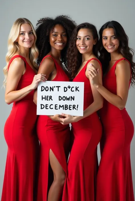 "Four women, age 24, in red dresses. Ethnicities: White (blond), Black (medium brown curly hair), Hispanic, and Asian (medium brown). One holds a sign saying DON’T D*CK HER DOWN DECEMBER! Neutral background, focus on the women and the sign.