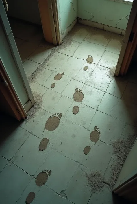 Floor of a dusty apartment with footprints 