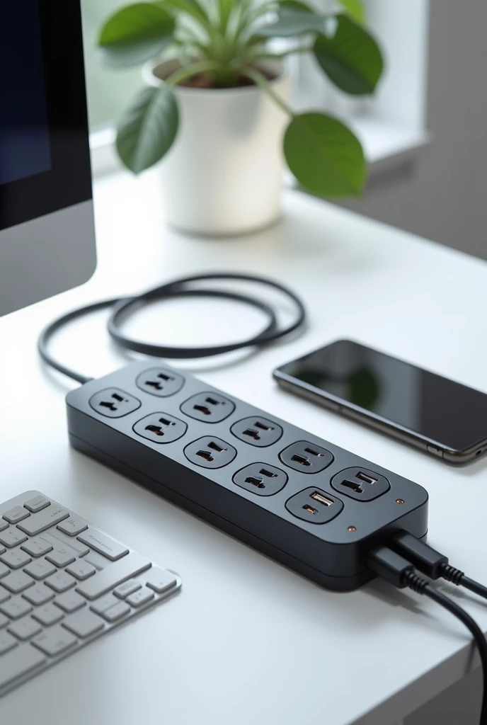 To the previous image, put a modern power strip with protections installed and cables organized. 