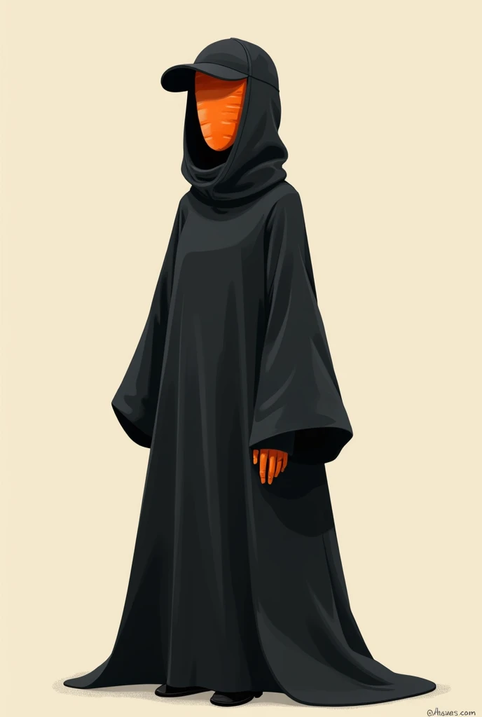 Female carrot in cap and black clothes covering the whole body