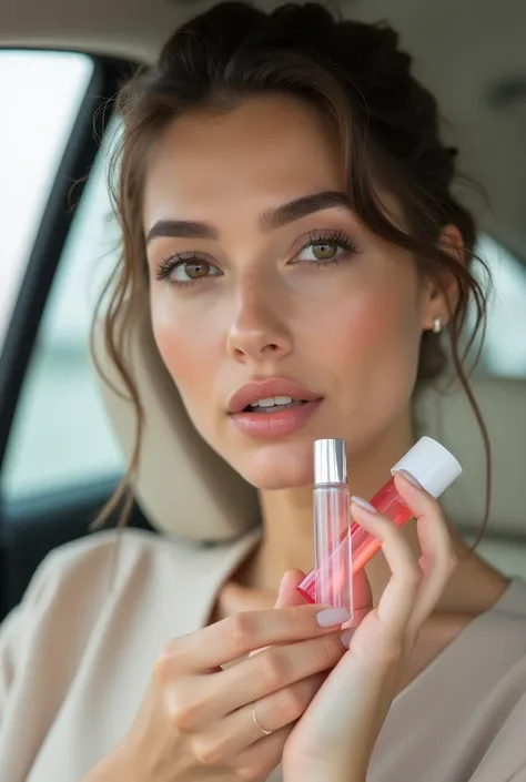 Beautiful woman in the car putting on her wrist a small 10ml transparent roll on glass bottle with white cap 10ml on white background with pink liquid inside