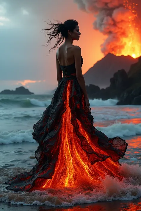 Make me a dress from volcano and ocean avant gard 