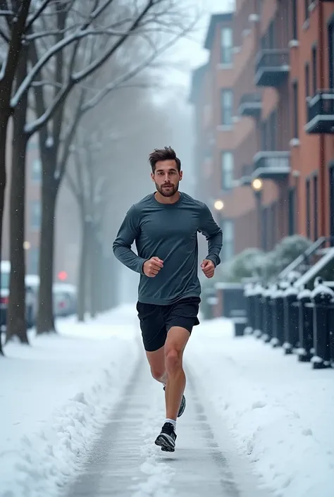 Create a young man jogging on a snowy street 