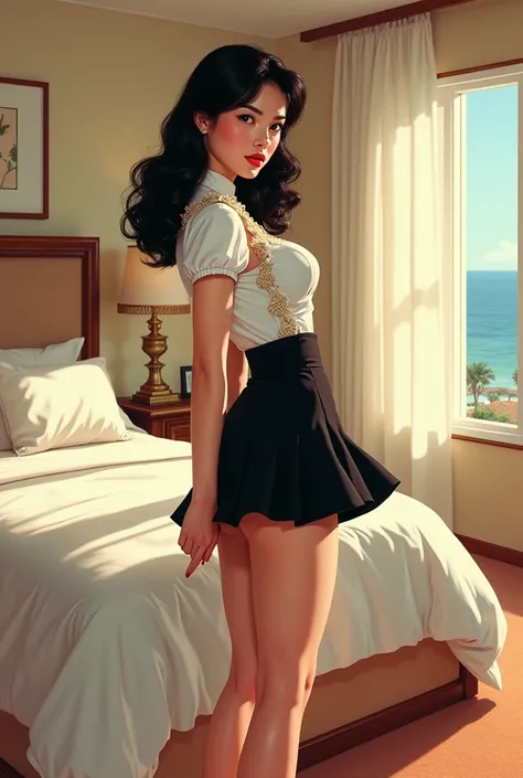 A beautiful Japanese-American woman wearing a maid outfit with a short, flared black skirt and a white lace blouse. She has fair skin, a stern and pouty expression, and a curvaceous figure with an attractive bust and hips. She turn away. She is bending ove...