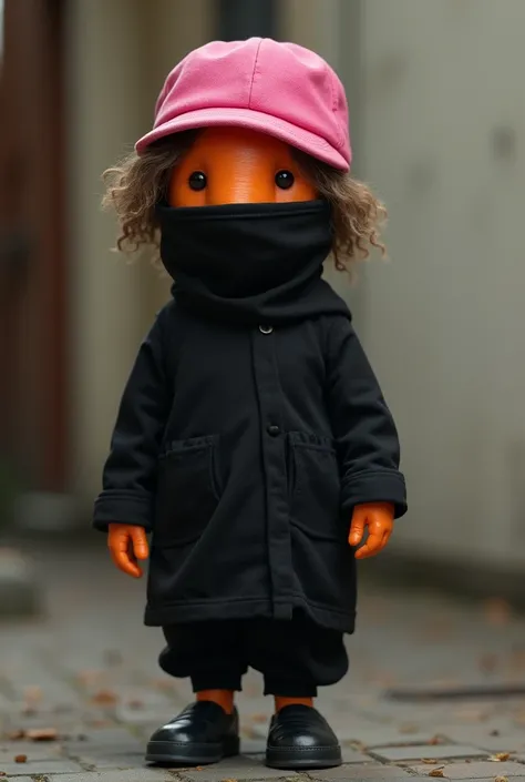 Female carrot in pink cap and black clothes covering the whole body