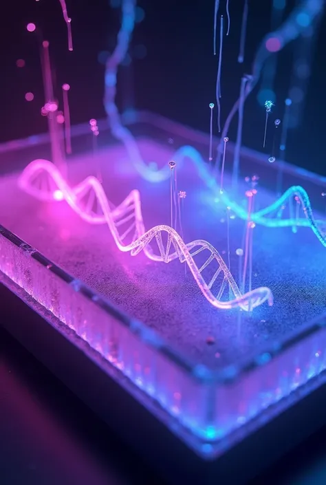 I need a picture of agarose gel electrophoresis for my presentation. it should be eye catching and attractive. The color combo should be purple, pink and blue contrast. IT SHOULD BE  ANIMATED TYPE. More