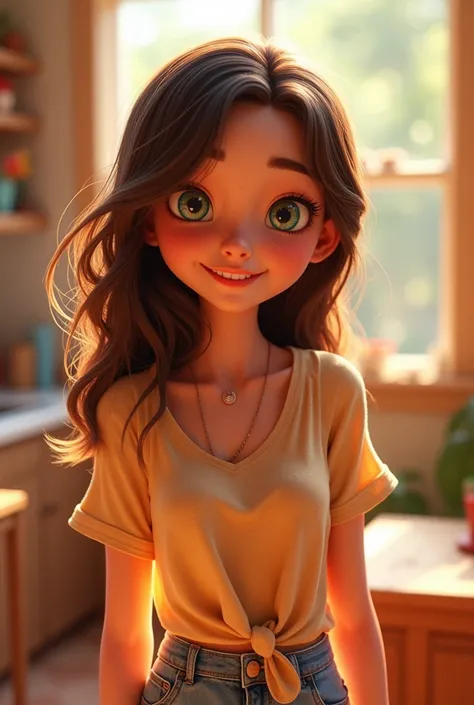 A 20-year-old female Pixar character with blue eyes, slightly white skin, loose brown hair, and a little bit chubby.