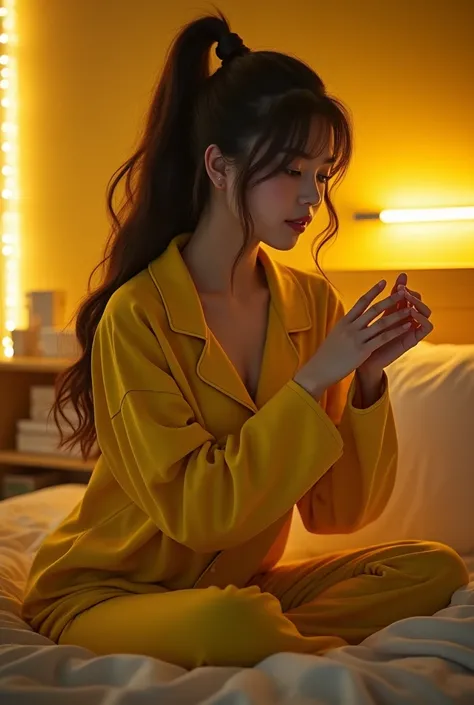 displays a very detailed real photo, a beautiful Asian woman, long brown hair like a ponytail, yellow SpongeBob pajamas, trousers, sitting on the bed, mattress covered with a bet cover, yellow Spongebob, while lying down, both hands raised up The feel of t...