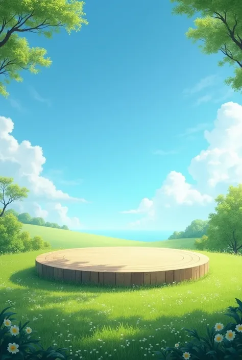 A picture of a theatre,  but only the stage the background that is a green landscape and a blue sky. Without anyone or anything... a circular stage .  like for a book cover. 