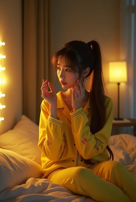 displays a very detailed real photo, a beautiful Asian woman, long brown hair like a ponytail, yellow SpongeBob pajamas, trousers, sitting on the bed, mattress covered with a bet cover, yellow Spongebob, while lying down, both hands raised up The feel of t...