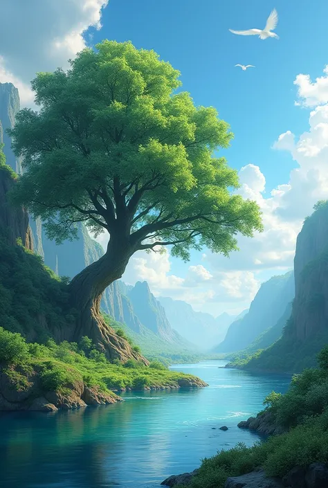 
" The promise of eternal life "  - Representation of eternal life :
prompt:
" A large, leafy tree next to a crystal clear river,  under a clear sky . The scene conveys serenity, abundance and continuity ,  symbolizing eternal life and divine security ."
