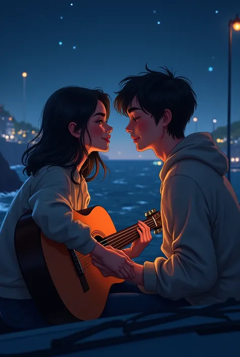 A boy singing a song to his girlfriend in a romantic moment in a car on the coast with the deep sea at night that can be seen through the windshield of the car the boy plays a song while looking into her eyes in a very romantic moment 