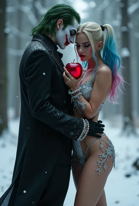 the title: " Enchanted obsession "

Subtitles:  A dark novel story

Image description :

against the background of a winter forest,  unfolds a breathtaking scene . Joker in an elegant black suit, with a hint of snowflakes ,  provocative black dress ,  hold...