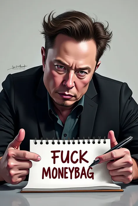 Elon musk writing note saying fuck moneybag