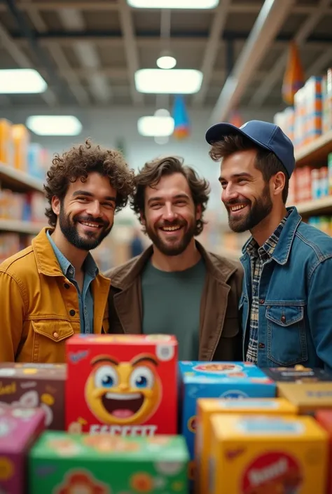 an image of three happy men looking at a shelf in a supermarket selling cereal boxes
