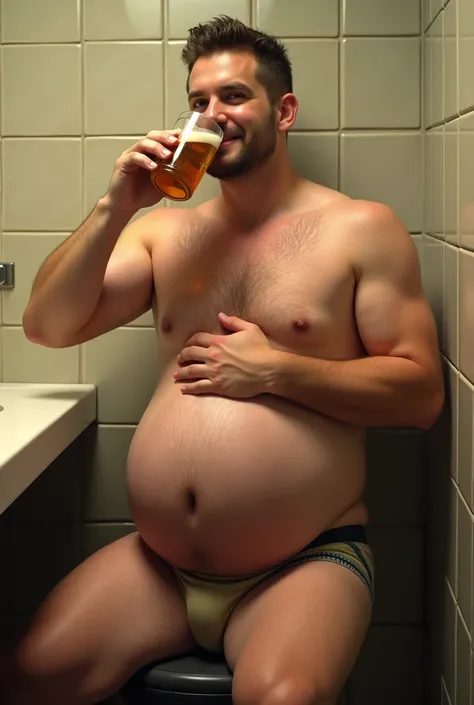 1 guy, pregnant man, a handsome man with huge belly , mpreg belly, the man is drinking beer in toilet at restaurants , shirtless, revealing the waistband of his underwear , hes young and handsome, rubbing his belly