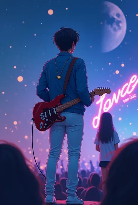 A man is on the concert stage, wearing a blue jacket and white trousers, with straight black hair, wearing a gold love-shaped necklace, carrying a guitar, with a beautiful night view. View of the moon and stars in a clear sky, lighting, wearing white Conve...