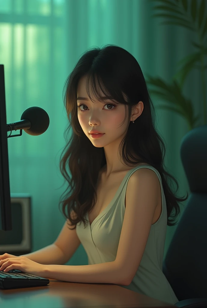 Generate realistic image:

A 21-year-old girl sitting in front of a computer desk with a microphone and a laptop is wearing a nice dress looking on camera and has dark hair, and is in a green lighting background 
image size: 16.9