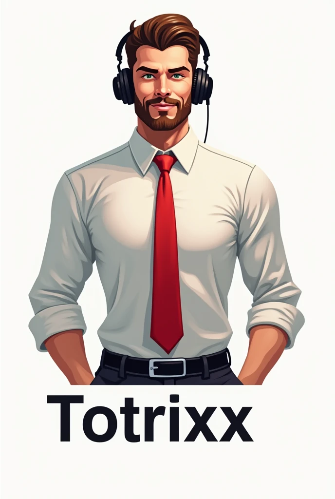 Make a logo a handsome person wearing shirt and red tie and black headphone and named Totrixx