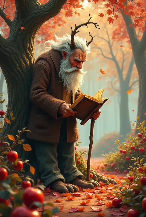 A grandpa cherry with cane ,  telling stories to other berries in a park with leaves falling