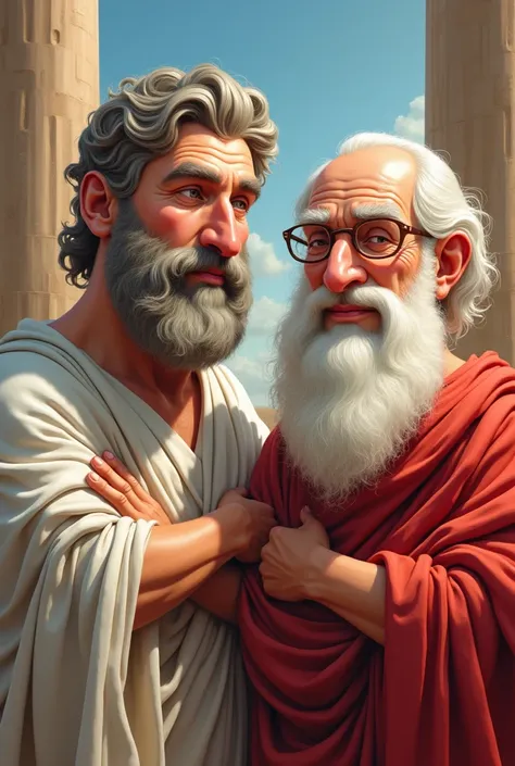 Generate a caricature-like image of Socrates, Aristotle and Plato 