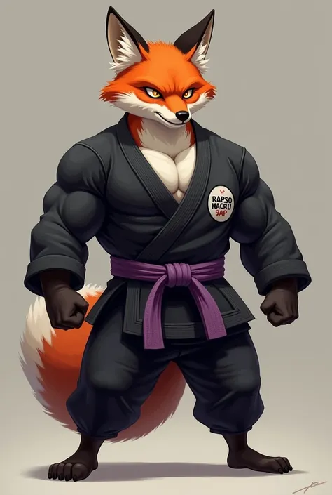 Create a fox with a strong mans body with a black Jiu Jitsu kimono with a purple belt around the waist and the circular petch with the name “Raposo Macho”