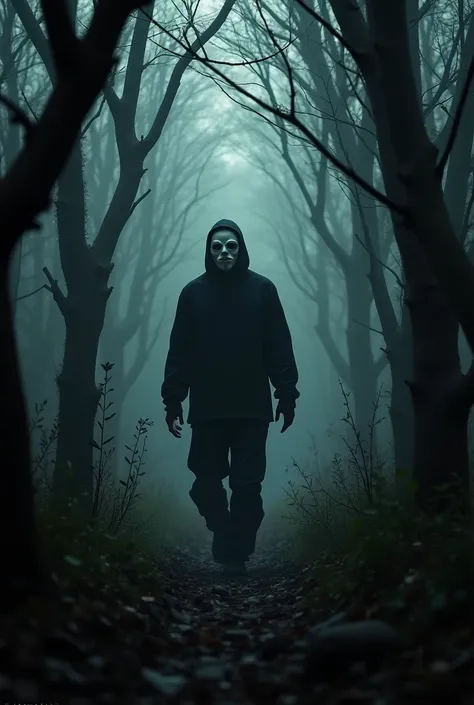 A serial killer man who wears a black ski mask where there are only holes for eyes in the middle of the woods