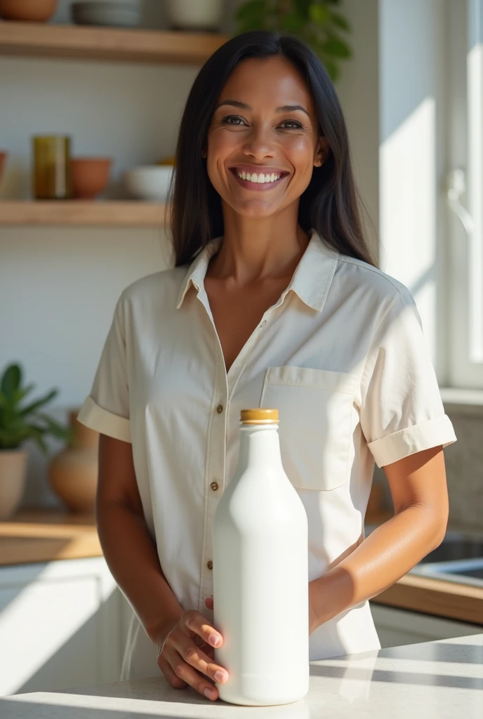 "A realistic, high-resolution image of a  woman with smooth, dark skin, approximately 40 years old, standing in a bright, modern kitchen. She is smiling warmly while holding a simple, regular-sized white bottle with a screw-on cap, with no label or design,...