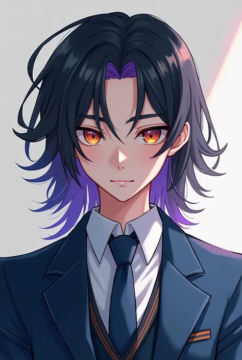 Black hair, purple highlighted ends,Amber eyes, male, blue school uniform with tie