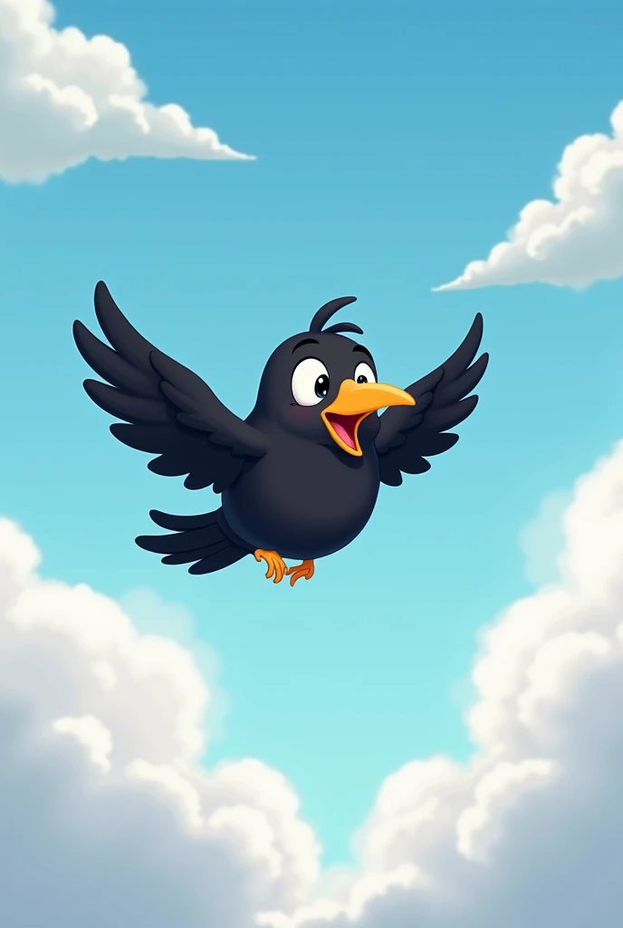 Black crow flying at the sky and cloud very happy  Disney cartoon style with chibi 