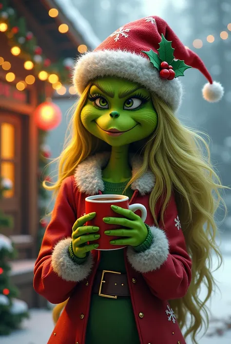 Grinch in female outfit Christmassy blond long hair with red hat with mulled wine in hand
