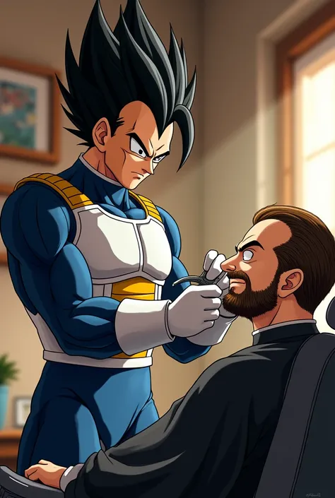  Here is the text with the characters changed :

vegeta segurava uma tesoura e um barbeador,  while Trunks sat in the barbershop chair,  with a skeptical expression .  The soft light illuminated the simple environment .

vegeta fazia um corte preciso na ba...