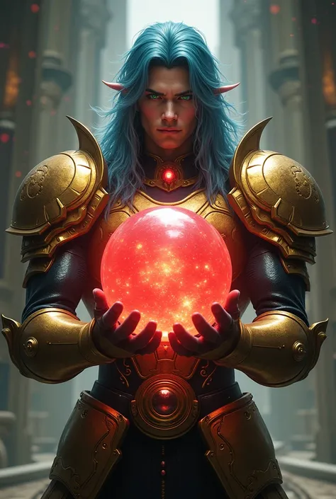 Create final fantasy style a handsome man with long straight blue hair with green eyes wearing beautiful armor half shimmering gold half shimmering black with square shoulder pads wearing a large helmet tall half gold half black holding a large sphere of p...