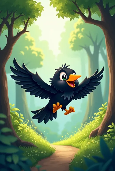 Black crow flying at forest very happy  Disney cartoon style with chibi 