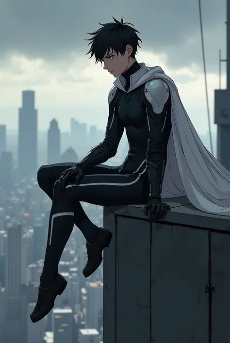 25-year-old anime boy wearing a high-collared black tight bodysuit with white accents, white gloves, white boots, and a white cape, white armored paddings on his torso, armored arm guards, and armored shoulder guards, sitting at the edge of a rooftop